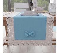 PETTI Artigiani Italiani - Runner da tavola in cotone con pizzo Sangallo e fiocchi, 40 x 140 cm, Celeste