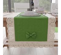 PETTI Artigiani Italiani - Runner da tavola in cotone con pizzo Sangallo e fiocchi, 40 x 140 cm, Verde