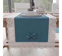 PETTI Artigiani Italiani - Runner Tavola Elegante di Cotone, per Tavolo Cucina, Soggiorno, Sala da Pranzo, Tovaglie in Tinta Unita con Balza in Pizzo Sangallo e Fiocchi 40x140 cm, Avion
