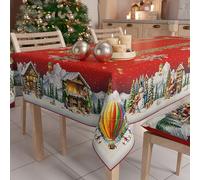 PETTI Artigiani Italiani - Tovaglia Natalizia Antimacchia Rettangolare Copritavolo Natalizio Cucina Disegno Villaggio di Babbo Natale X24 Posti (140x450 cm) 100% Made in Italy