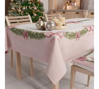 PETTI Artigiani Italiani - Tovaglia Natalizia Antimacchia Rettangolare Copritavolo Natalizio Cucina Disegno Fiocco Rosa Piume X14 Posti (140x300 cm) 100% Made in Italy