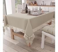 PETTI Artigiani Italiani - Tovaglia da Tavola Elegante di Cotone Rettangolare, per Tavolo Cucina, Soggiorno, con Balza in Pizzo Sangallo e Fiocchi, Tinta Unita, X6 Posti (140x180 cm) Beige
