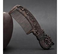 Pettine in legno di ebano da 17 cm, manico in legno di sandalo nero naturale, double face, intagliato, per massaggio dei denti fini