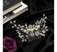 Pettine per capelli a forma di foglia con perle e cristalli, 1 pezzo, in metallo argentato, accessorio decorativo per capelli da donna per feste di matrimonio
