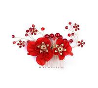 Pettine per capelli Cinese finto fiore di rosa rossa perla da sposa sposa accessori per capelli da sposa copricapo corona di gioielli-3