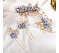 Pettine per capelli da sposa con fiori laterali, con perline e perle, tiara per matrimonio, copricapo vintage, forcine per capelli, accessori blu, 4 pezzi