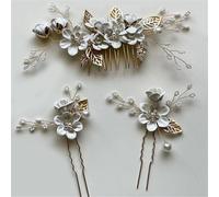 Pettine per capelli da sposa con fiori laterali, con perline e perle, tiara per matrimonio, copricapo vintage, forcine per capelli, accessori bianchi, 3 pezzi