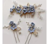 Pettine per capelli da sposa con fiori laterali, con perline e perle, tiara per matrimonio, copricapo vintage, forcine per capelli, accessori blu, 3 pezzi