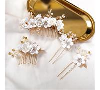 Pettine per capelli da sposa con fiori laterali, con perline e perle, tiara per matrimonio, copricapo vintage, forcine per capelli, accessori bianchi, 4 pezzi