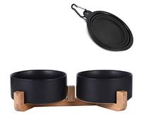 Petygooing Set di ciotole per cani, in ceramica nera, con supporto in legno, per cibo e acqua, antiscivolo, ponderate, moderne, per gatti e cani di piccola taglia (382,7 g/13 cm)