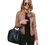 Peuignao Giubbotto Ecopelle Donna Giacca Similpelle Giubbino Giacche Ecopelle Donna Giacca Biker Jacket Faux Leather Jacket Donna Giacca Finta Pelle Sintetica Donna Stand-up Curvy Primavera Cachi 5XL