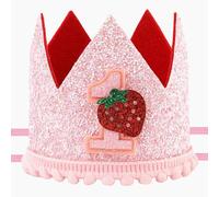PEUTIER Berry - Cappello per primo compleanno, con paillettes rosa e fragola, per il primo compleanno, per bambina, con coroncina e fragola, copricapo per compleanno, per baby shower, decorazione per