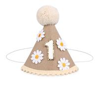 PEUTIER Cappello per 1° Compleanno, Cappello Festa Compleanno Boho con Decorazione Floreale Margherita Tracolla regolabile Cappello Cono Buon Compleanno per Oggetti Fotografici Primo Compleanno