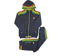 Peviani Time Is Money - Set tuta da uomo Rasta, con cappuccio e pantaloni da jogging, con cerniera intera, dettagli a righe rasta, abbigliamento casual streetwear, Nero , L