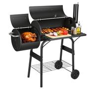Peviasot, barbecue a carbonella con coperchio e termometro, affumicatore con carrello e ruote, barbecue a 2 camere per grigliata diretta e indiretta, barbecue da giardino con ripiano, nero