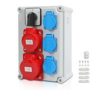 Peviasot Distributore di corrente da parete con commutatore L-0-P, 3 x Schuko 16A 230V + CEE 16A & CEE 32A 5 poli, robusto distributore di corrente per cantieri, officina, interni ed esterni