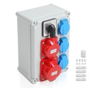 Peviasot Distributore di corrente per cantieri, Distributore da parete, 3x presa Schuko 16A 230V, 1x presa CEE 16A 5P, con interruttore, prese con coperchi di sicurezza, alimentazione con tubo in