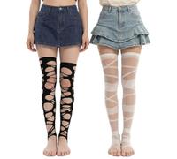 PEVRUAY Set 2 Paia Calze a Rete Donna, Collant Neri con Disegno Irregolare e Calze Bianche con Bende, Stile Emo Punk Y2k Accessori Moda Gotica per Feste Club Cosplay, Elastici e Confortevoli