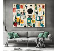 PEWFBS Dipinto astratto con linee e forme che rappresentano emozioni in vari colori, sfondo beige, dipinto su tela, decorazione da parete (75x135 cm/senza cornice)