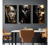 PEWFBS Quadri africani dorati e radianti, stampe artistiche su tela, dipinti moderni, ritratti di moda, arte murale per l'arredamento del soggiorno, 60x80cmx3, senza cornice.