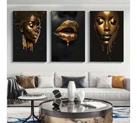 PEWFBS Set di quadri su tela raffiguranti una donna africana chic - Ritratti dorati e neri con labbra audaci, decorazione da parete in stile pop moderno per il soggiorno (60x80cmx3/senza cornice)
