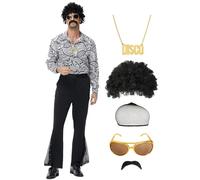 pewjury Costume da discoteca anni '70 - 7 pezzi retrò party outfit con camicia glitterata, pantaloni a percussione, parrucche, collana, baffi, occhiali da sole, rete di capelli (nero - B, XL)
