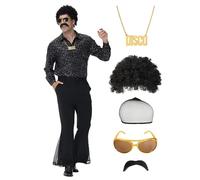 pewjury Costume da discoteca da uomo anni '70 - 7 pezzi retrò party outfit con camicia glitterata, pantaloni a percussione, parrucche, collana, baffi, occhiali da sole, rete di capelli (nero - A, XL)