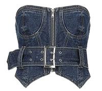 PEWRESLORS Canotta da donna in denim, corsetto con bustino blu jeans, crop top streetwear canotta push up (cerniera), Blu scuro, L