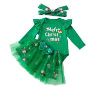 Peybaiwy Set di 3 tutù natalizi per neonata, con fascia per capelli, a maniche lunghe, in pizzo, Verde, 0-3 Months