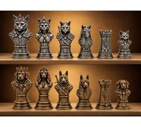 Pezzi degli Scacchi Fantasy Cani vs Gatti - 32 Pezzi Stampati in 3D, Design Dettagliato di Cani e Gatti, Finitura Oro e Argento Anticato - Set di Scacchi Fantasy, Scacchiera Non Inclusa