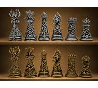 Pezzi degli Scacchi Fantasy Non-Morti - 32 Pezzi Stampati in 3D, Design Gotico con Scheletri, Finitura Oro e Argento Antico - Set di Scacchi Fantasy, Scacchiera Non Inclusa