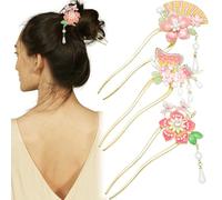 pezzi di bastoncini per capelli a forma di farfalla con fiori, cinesi, con nappe, perle e strass, bastoncini per capelli Hanfu per chignon, in metallo floreale.