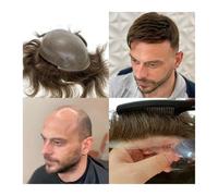 Pezzi di capelli Remy indiani 0,04~0,06 mm, pelle sottile, toupet con capelli umani a V, 8x10", sistema di sostituzione dei capelli in poliuretano for uomo Hair Pieces Replacement