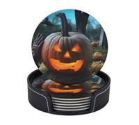 pezzi di sottobicchieri rotondi in pelle a forma di zucca, sorretti da una tomba, per bevande, tazze antiscivolo con supporto, tappetino per tazze personalizzato per tavolo da caffè, cucina