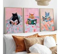 pezzi simpatici animali divertenti gatti che leggono libri poster d'arte arte preppy studio sala decorazione da parete tela pittura per bambini camera da letto arredamento (20x35cmx3/senza cornice)