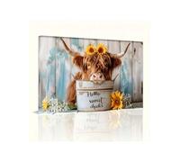 pezzo di stampa artistica su tela raffigurante una simpatica mucca delle Highlands, immagine rustica di animali da fattoria, per l'arredamento della camera soggiorno (50x70 cm/cornice interna)