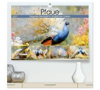 Pfaue. Elegante Ziervögel im englischen Garten (hochwertiger Premium Wandkalender 2027 DIN A2 quer), Kunstdruck in Hochglanz: Malerische Bilder von farbenprächtigen Tieren in blühenden Gärten