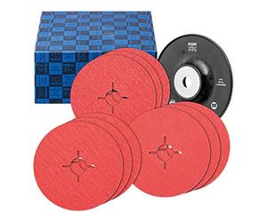 PFERD 64198002 - Set di 10 dischi in fibra ceramica, diametro 125 mm, CO-Cool 36, 60, 80, con piastra di supporto ad alte prestazioni per smerigliatura a freddo su grana in acciaio inox 36-80