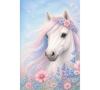 Pferde Notizbuch Mädchen: Weißes Pferd mit Regenbogenmähne und Blumenwiese: 100 linierte Seiten im A5-Format, Geschenk für Mädchen, junge Reiterinnen, Teenager und Pferdefans