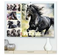 Pferde. Romantische Aquarelle von schwarzen Schönheiten (hochwertiger Premium Wandkalender 2026 DIN A2 quer), Kunstdruck in Hochglanz: Ein Jahr voll feuriger Pferdepoesie und schwarzer Eleganz