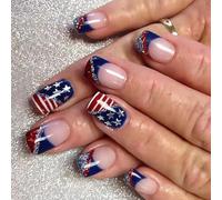 Pffiocix Patriotic Short Square False Nails French Tip Press on Nails Full Covers Unghie finte Independence Day Glues