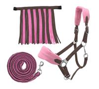 PFIFF Sunny 103103 - Set di 3 cavezze per Pony, con Frange a Maglia e Mosca, Regolabili Individualmente, Marrone-Rosa