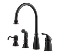 Pfister Avalon Rubinetto per lavello da cucina con spruzzatore laterale e dispenser di sapone Maniglia singola Arco alto Finitura bronzo toscano