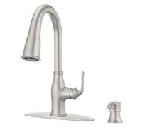 Pfister Rosslyn Rubinetto da cucina con spruzzatore estraibile e dispenser di sapone, maniglia singola, arco alto, finitura in acciaio inox Spot Defense, F5297RSSRGS
