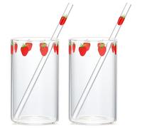 Pfjsseey Tazza di vetro alla fragola con paglia 2 set di tazze di fragole in vetro borosilicato alto per donne e ragazze bevande multiuso per latte, succo