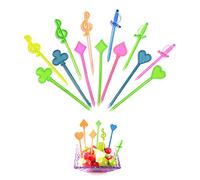 PFLYPF 100 forchette da frutta in plastica, tra cui 4 stili: cuore, carte da gioco, fascino musica, spada, accessori bento, amore, piatto di frutta, decorazione per torte