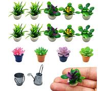 PFLYPF Set di 14 mini vasi da fiori artificiali, decorazione per la casa delle bambole, 1:12, decorazione per interni in vaso verde, con 1 annaffiatoio e un secchio