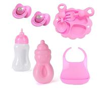 PFLYPF Set di alimentazione per bambole, 8 pezzi, dotato di 2 bottiglie, 2 ciucci, bavaglini, piatti, cucchiai, forchette, accessori per bambole per ragazzi e ragazze