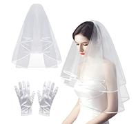 PFLYPF Un velo bianco da 80 cm + un paio di guanti corti in raso bianco, a tema matrimonio, per feste di matrimonio, velo da sposa in tulle e pettine con bordo in raso, bianco, Taglia unica