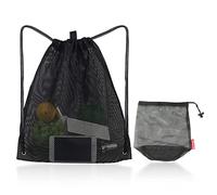 PFLYPF Zaino a Rete Con Coulisse e Sacchetto, Borsa da Spiaggia Con Tracolla Regolabile (Nero), L